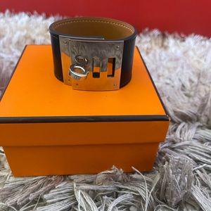 Aut Hermes Hermès Kelly Dog Leather Cuff Bracelet Palladium Ladies Size S/M